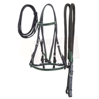 Black Leather Bridle with Dark Green Accents, and Matching Leather End Reins